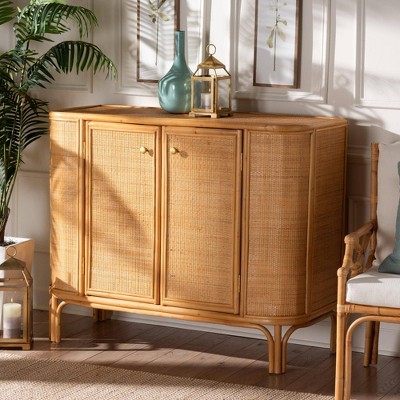 Natural Brown Rattan 2-Door Storage Cabinet with Gold Knobs