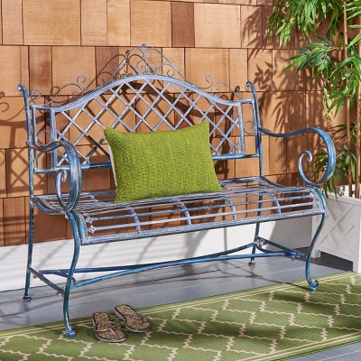 Antique Blue Wrought Iron Outdoor Garden Bench 45.75 Inch