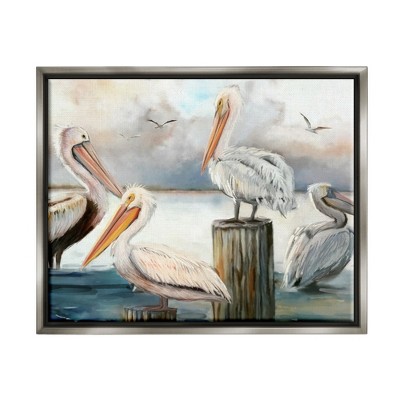 Stupell Industries Pelicans Perched Cloudy Horizon Framed Canvas