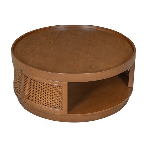 CLIHOME 36.8'' Wooden Mid-Century Modern Coffee Table, Round Cane Coffee Table with PE Rattan Side for Living Room - 1 of 4