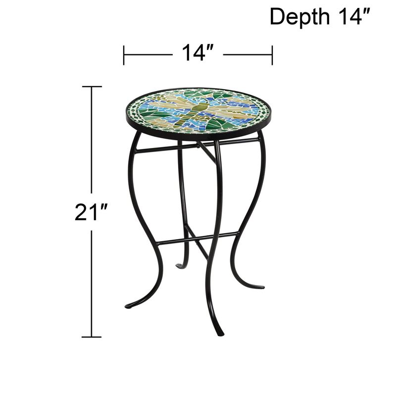 Teal Island Designs Modern Black Round Outdoor Accent Side Table 14" Wide Blue Green Dragonfly Mosaic Tabletop Front Porch Patio Home House, 4 of 8