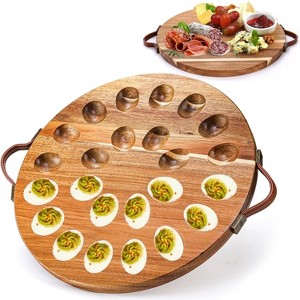 Acacia Wood Deviled Egg Platter, 24-Hole Round Tray with Handles & Reversible Charcuterie Board - 1 of 4