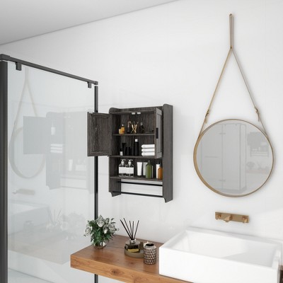GlasFlength Decorative Storage Cabinet Bathroom Medicine Cabinet with Towel Bar, for Bathroom and Washroom, Grey, 21.65"*7.48"*32.48"