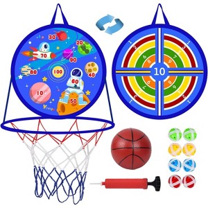 2 in 1 Basketball and Dart Board Set 14 Inch Outdoor Sports Toys for Kids Ages 3-10 Gift - 1 of 4