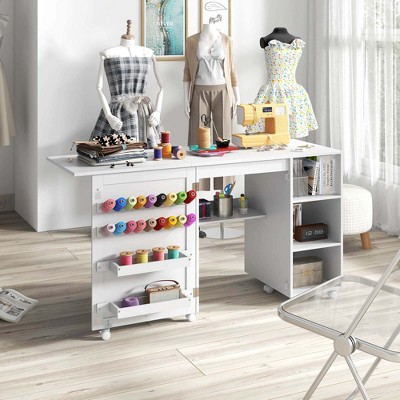 White Folding Sewing Table with Storage Shelves and Lockable Casters