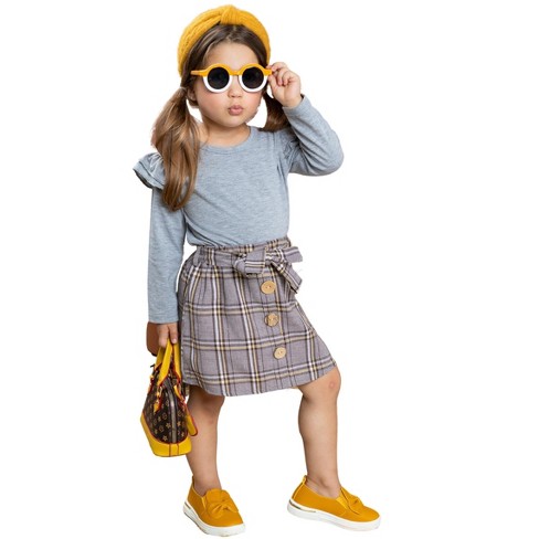 Girls Preppy And Fab Top And Plaid Skirt Set Mia Belle Girls Grey