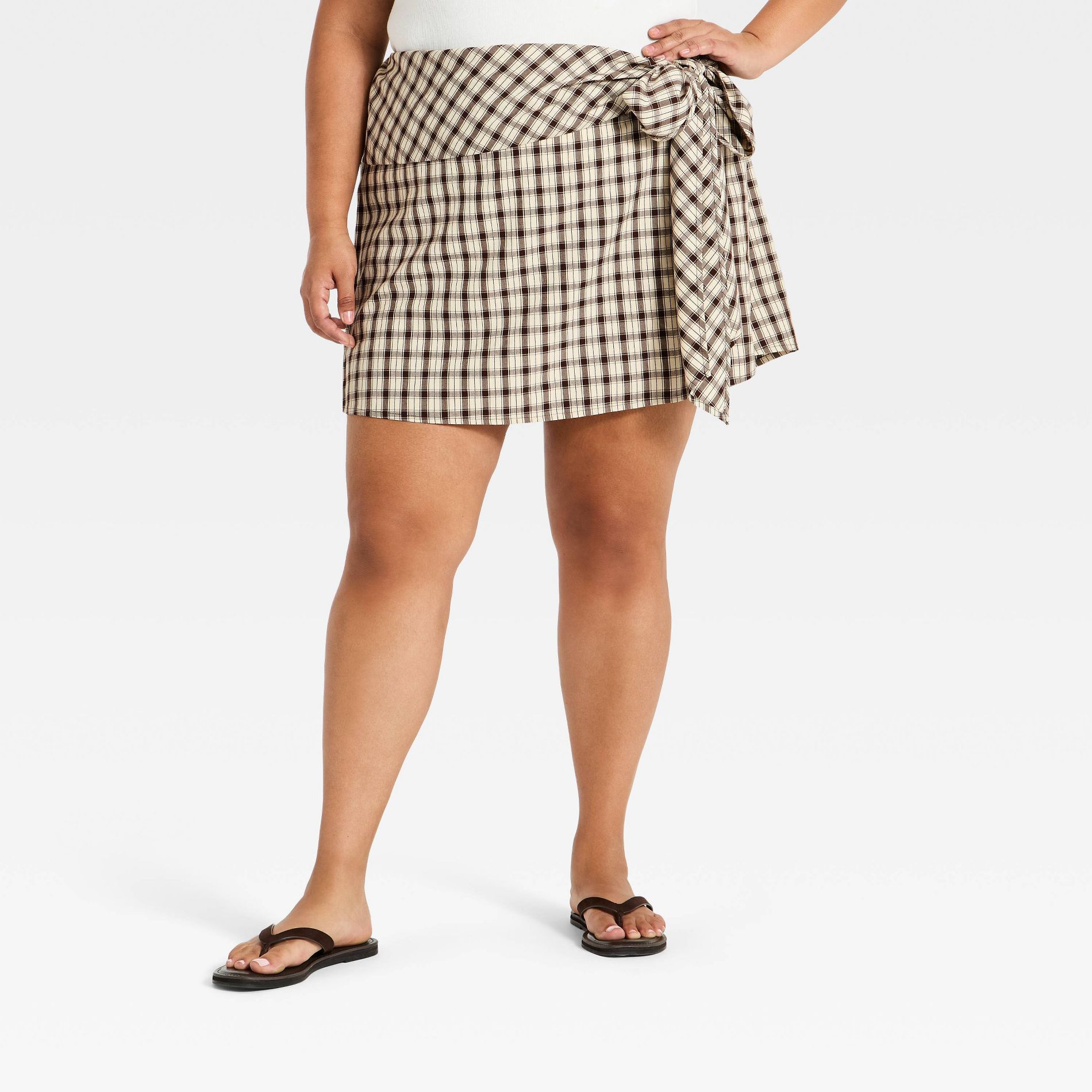 Women's High-Rise Mini Wrap Skirt - Ava & Viv™ Brown Plaid