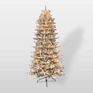 Puleo 7.5ft Pre-Lit Flocked Forest Fir Artificial Christmas Trees: Hinged Branches, 500 Clear Incandescent Lights, Metal Base - 1 of 3