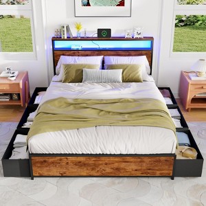 Queen Bed Frame with 6 Storage Drawers Metal Platform Bed Frame with 2-Tier Storage Headboard LED Built in Charging Station No Box Spring Needed - 1 of 4