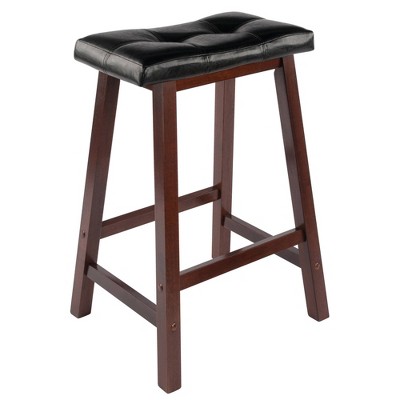 Black Faux Leather and Walnut Wood Saddle Counter Stool