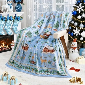 Lomsoe Christmas Blanket Flannel Holiday Blanket Xmas Deer Throw Blanket for Couch Bed Living Room, Christmas Reindeer Blue. - 1 of 4