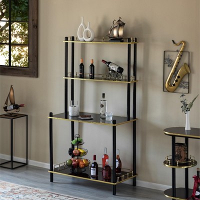 Tall Black and Gold Metal Bar Stand with 4 Shelves