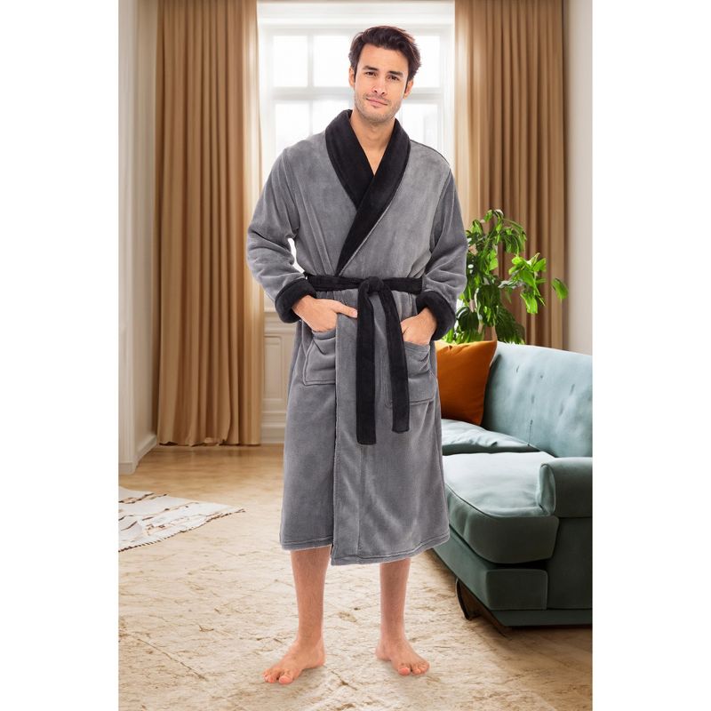 Men's Plush Fleece Robe, Soft Cozy Warm Wrap Around Bathrobe, 3 of 9