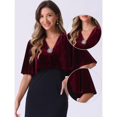 Allegra K Women's Velvet Cardigan Cocktail Party Bell Sleeve Open Front Cropped Shrug Bolero Dark Red X-Large — фото 2