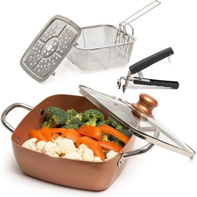 LunaLulinlk 5 Pcs Copper Chef Cookware Set, Non Stick Deep Frying Pan, Fry Basket, Steamer Rack, Dishwasher & Oven Safe, Induction Copper Cookware Set