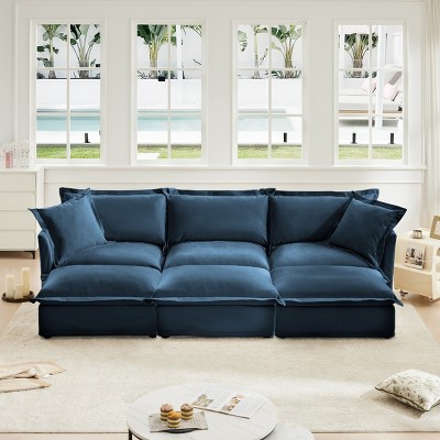 Slipcovered Sectional Sofa, 3 Seater Sofa with Removable Cover, Sofa Couch with Ottoman, Chenille Fabric Sectional Sofas-Cuddlewood