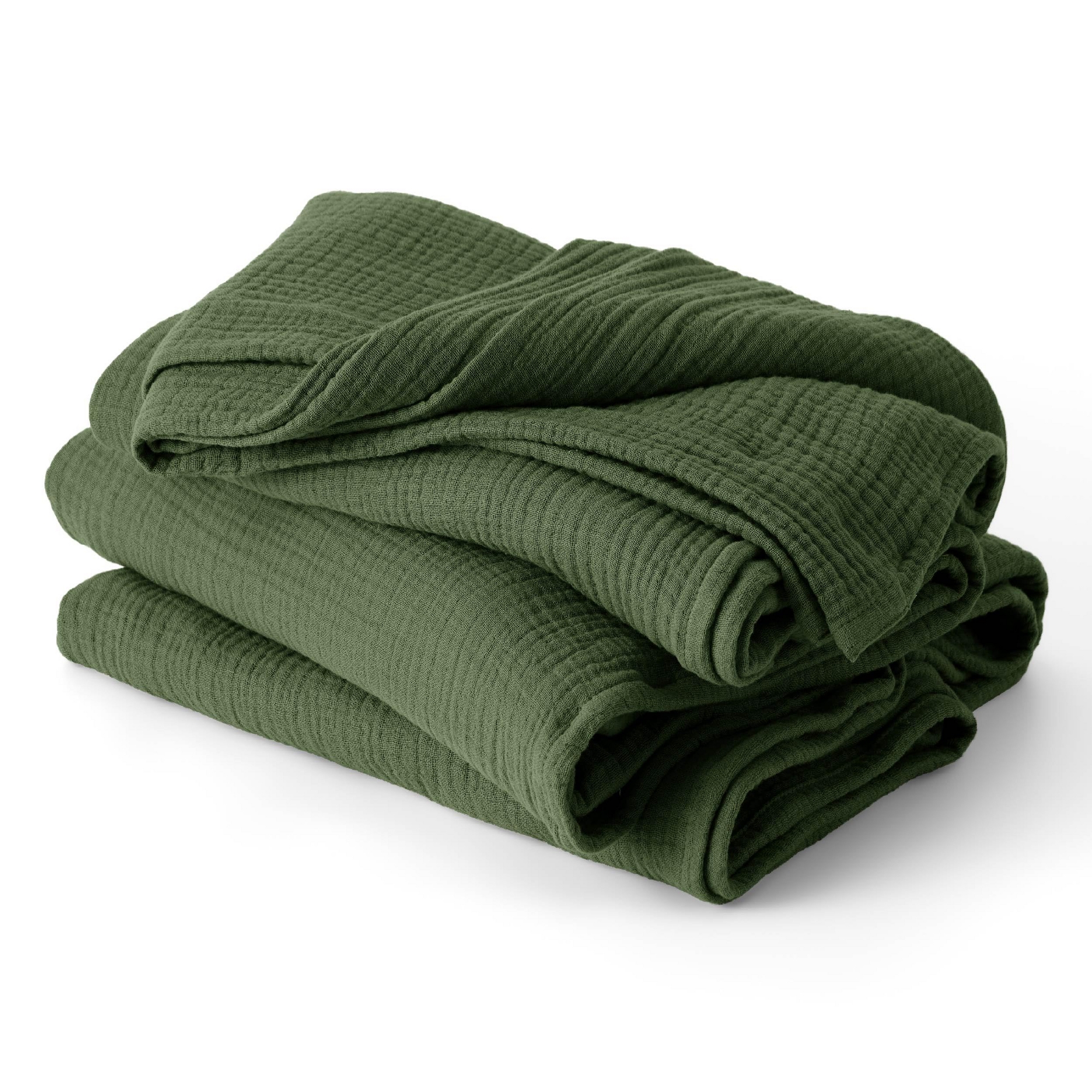 Bedsure 100% Cotton Muslin Blanket Queen Size for Bed - 4-Layer Breathable and Lightweight Soft Gauze Muslin Blanket for Summer, Olive Green, 90x90