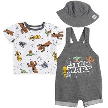 Star Wars Chewbacca R2-D2 Yoda Baby French Terry Short Overalls T-Shirt and Hat 3 Piece Outfit Set Newborn to Infant