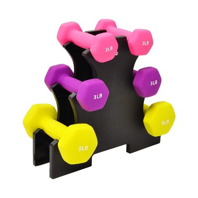 HolaHatha Neoprene Coated Hex Dumbbell Weight Training Home Gym Equipment Set with 2, 3, & 5 Pound Fitness Hand Weights and Storage Organization Rack