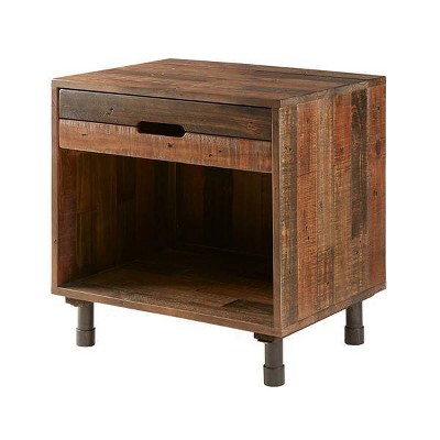 Rustic Industrial Pine Nightstand with Metal Accents, Light Brown