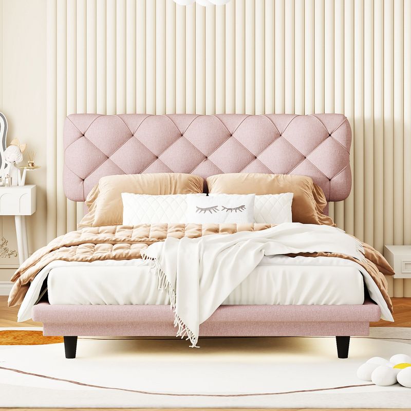 Twin/Full Size Linen Fabric Upholstered Bed with Light Stripe, Floating Platform Bed - ModernLuxe, 2 of 10