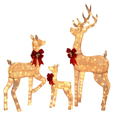 3-Piece Lighted Christmas Reindeer Set, Weatherproof Outdoor Decor with 290 Warm White LEDs, Sparkling Golden Deer Family, 5FT Holiday Ornament