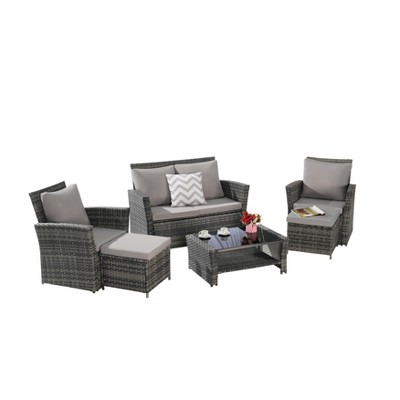 6-Piece All-Weather Wicker Patio Set: Sofa + Ottoman + Tempered Glass Coffee Table for Garden & Backyard