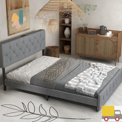 Jojoka Upholstered Bed Frame with Adjustable Headboard, Type-C & USB Ports, Linen Platform, Wooden Slats, No Box Spring Needed, Light Gray