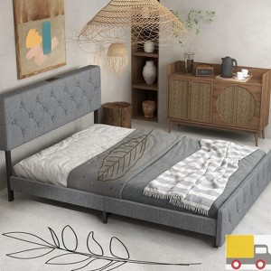Jojoka Upholstered Bed Frame with Adjustable Headboard, Type-C & USB Ports, Linen Platform, Wooden Slats, No Box Spring Needed, Light Gray - 1 of 4