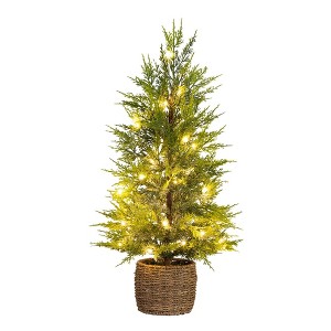 Nearly Natural 32" Pre-Lit Artificial Lightly Snowed Cypress Christmas Tree in Decorative Weaved Basket - 1 of 4