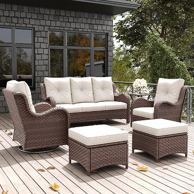 LayinSun Outdoor Patio Furniture Set, Brown Rattan Wicker Sectional Swivel Rocker Chairs Sets with Ottomans, Swivel Glider Chair