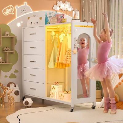 Aheaplus Dresser for Bedroom with Clothes Rack & Mirror, 5 Drawers Dresser with Charging Station & LED Lights