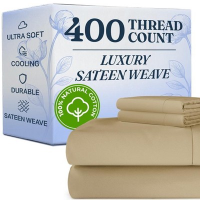 100% Cotton 400 Thread Count 4 Piece Sheet Set - Soft & Cozy Sateen Bed Sheets - CGK Linens