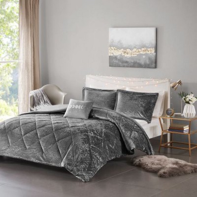 Sapphtopaz 4-Piece Full/Queen Velvet Duvet Cover Set, Diamond Quilted Queen Quilt Bedding Set with 2 Shams & Pillow -Gray