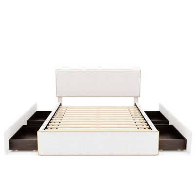 Upholstered Platform Bed with 4 Drawers - Golden Headboard and Footboard Accents