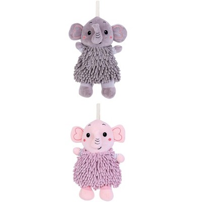 REGALWOVEN 2 Packs Soft Absorbent Chenille Cute Cartoon Elephant Hand Towel with Hanging Loop 7" x 11"