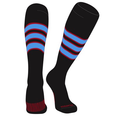 PEAR SOX Striped OTC Baseball, Softball, Football Socks (C) Black, Red, Sky Blue