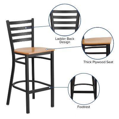 Black Metal Ladder Back Barstool with Natural Wood Seat