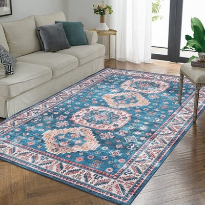 Washable Non Slip Low Pile Area Rug for Living Room Vintage Floral Indoor Carpet Stain Resistant Foldable Floor Cover