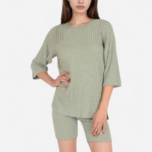 Anna-Kaci Lounge Women's Ribbed Knit Lounge Set with 3/4 Sleeve Top and Fitted Shorts - 1 of 4