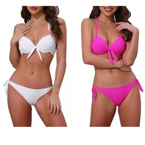 INSPIRE CHIC Women's Knot Twist Halter Double Straps Tie Back Bra Triangle Bottoms Swimwear Bikini Sets 2 Sets - 1 of 4