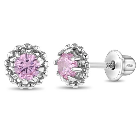 Pink & Clear CZ Flower Kids / Children's / Girls Earrings Screw Back - Sterling Silver at in Season Jewelry