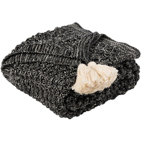 Pennie Knit Tassel Throw Blanket Black natural 50