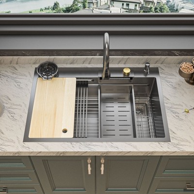 FUFU&GAGA Multi-Functional Stainless Steel Kitchen Sink,Modern Workstation Sink with Cutting Board/cup rinser/Pull - Down Faucet,Matte Black
