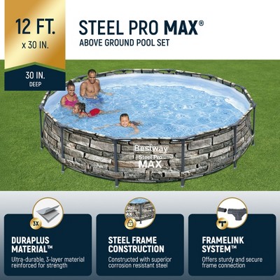 12ft Stone Print Steel Frame Round Above Ground Pool with Filter Pump