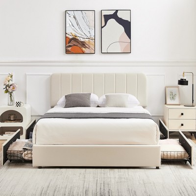 VECELO Upholstered Bed Frame with 1/4 Drawers and Adjustable Headboard, Twin/Full/Queen/King Platform Bed