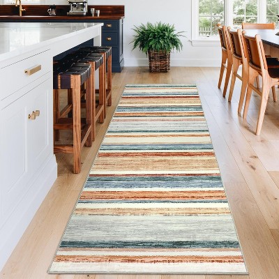 Modern Living Room Rug, Large Washable Striped Accent Carpet, Non-Slip, Stain-Resistant Low-Pile Foldable Floor Mat for Dining Room