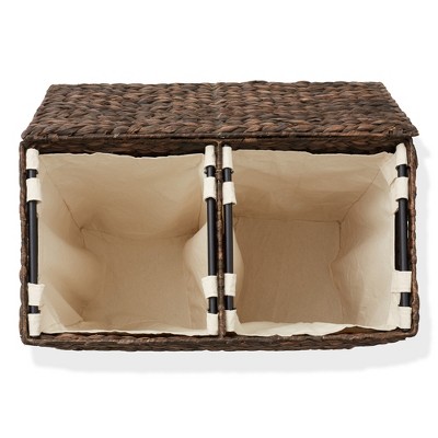 Espresso Woven Water Hyacinth Double Laundry Hamper with Lid