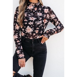Floral Mesh Mock Neck Long Sleeve Slim Fit Top - 1 of 1