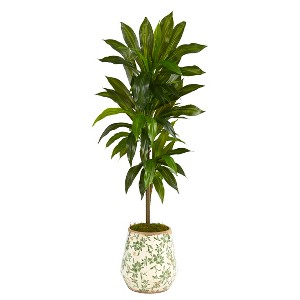 Nearly Natural 4-ft Dracaena Artificial Plant in Flower Print Planter (Real Touch) - 1 of 3